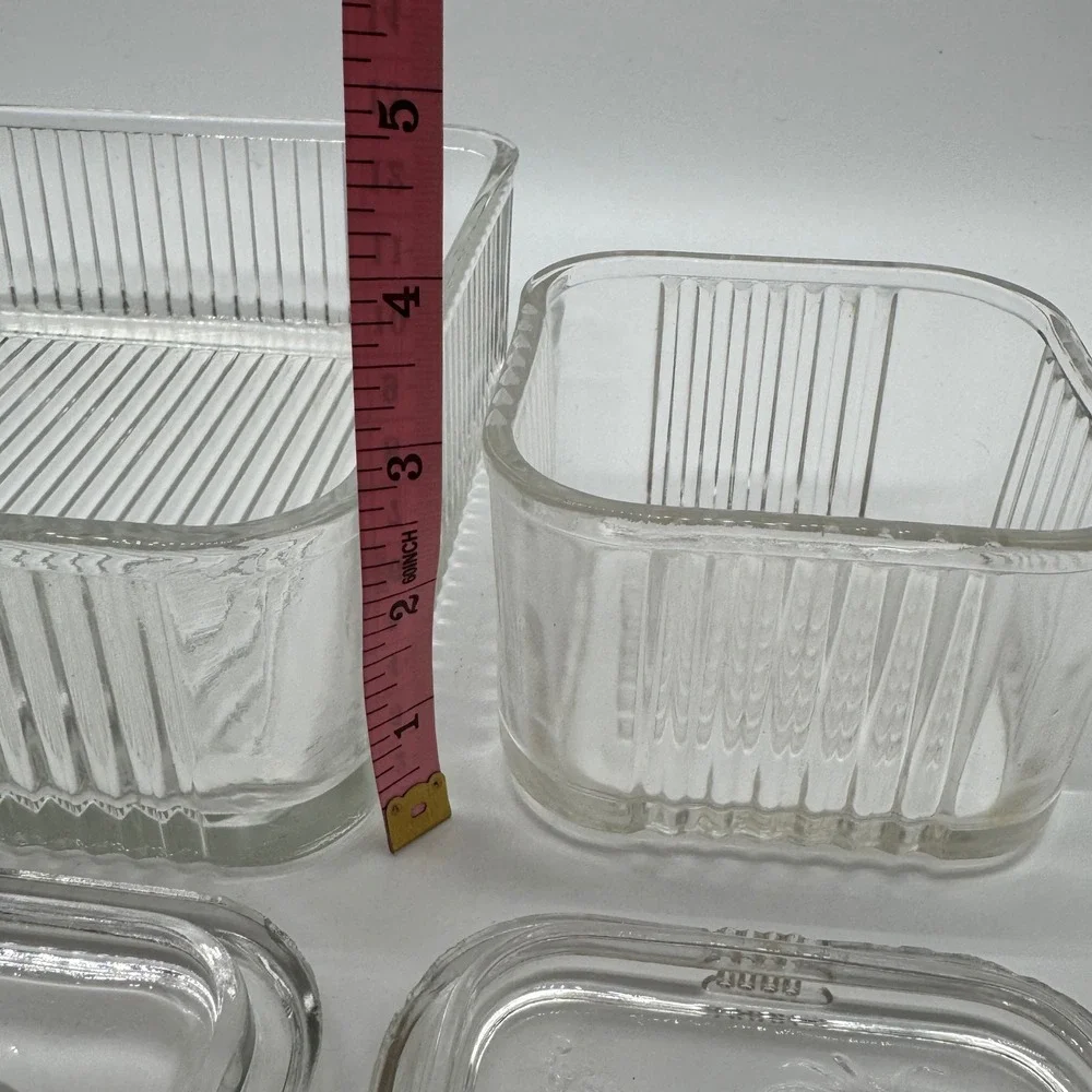 Vintage Federal Glass Refrigerator Dishes Clear Ribbed Vegetable Lid Lot 8x8 4x4